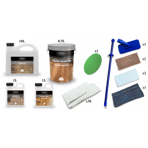 Kit Saving: DC005 (e) Woca Wood Lye white & Woca Master Colour Oil white floor, 56 to 75m2, Work by hand  (DC)