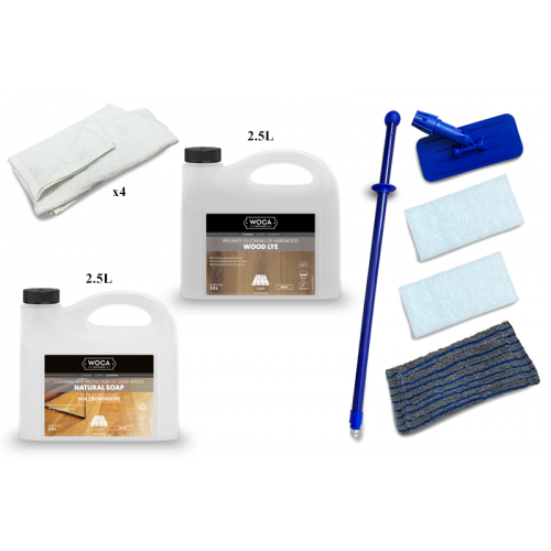 Kit Saving: DC010 (a) Woca Wood Lye white & Woca White Soap, Furnishings or other surfaces less than 5m2, Work by hand  (DC)
