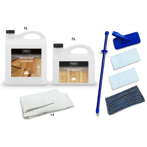 Kit Saving: DC011 (c) Woca Softwood Lye & Woca White Soap floor, 16 to 35m2, Work by hand  (DC)