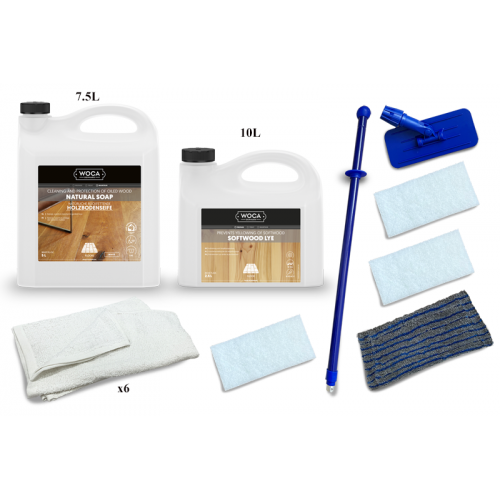 Kit Saving: DC011 (e) Woca Softwood Lye & Woca White Soap floor, 56 to 75m2, Work by hand  (DC)