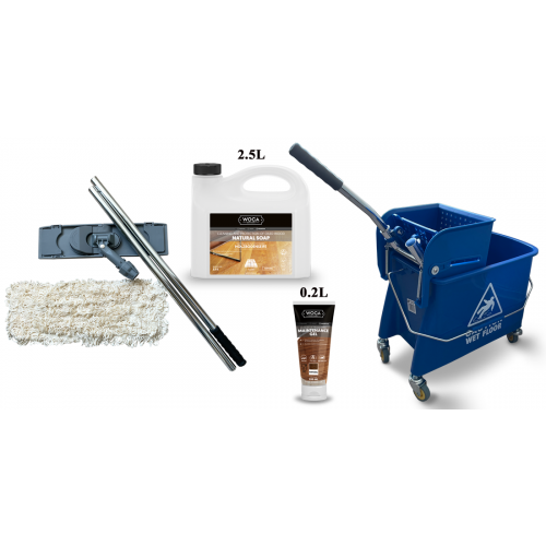 Kit Saving: DC015, Premium care, Clean naturally oiled or UV-oiled floors inc Woca natural versions of Soap & Maintenance Gel plus a Breakframe Flat Mop & Bucket and wringer   (DC)