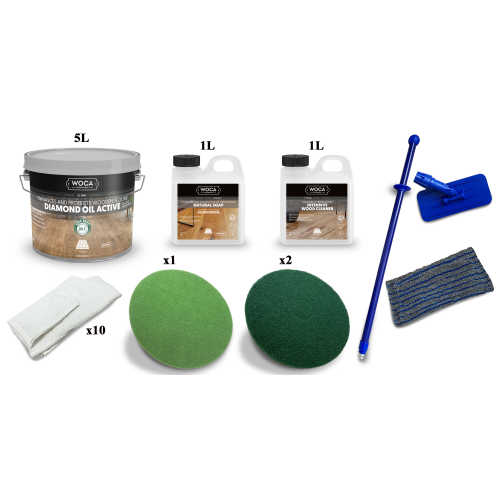 Kit Saving: DC035 (b) Woca Diamond Oil Active Natural, floor oiling, satin, 2 applications 21 to 45m2 work with a buffing machine (DC)