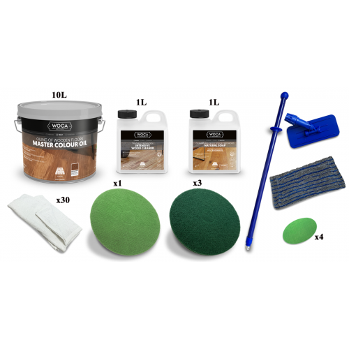 Kit Saving: DC087 (d) Woca Master Colour Oil, floor, Group Two (106 rhode, 119 walnut, 120 black), 71 to 95m2 work with a buffing machine  (DC)